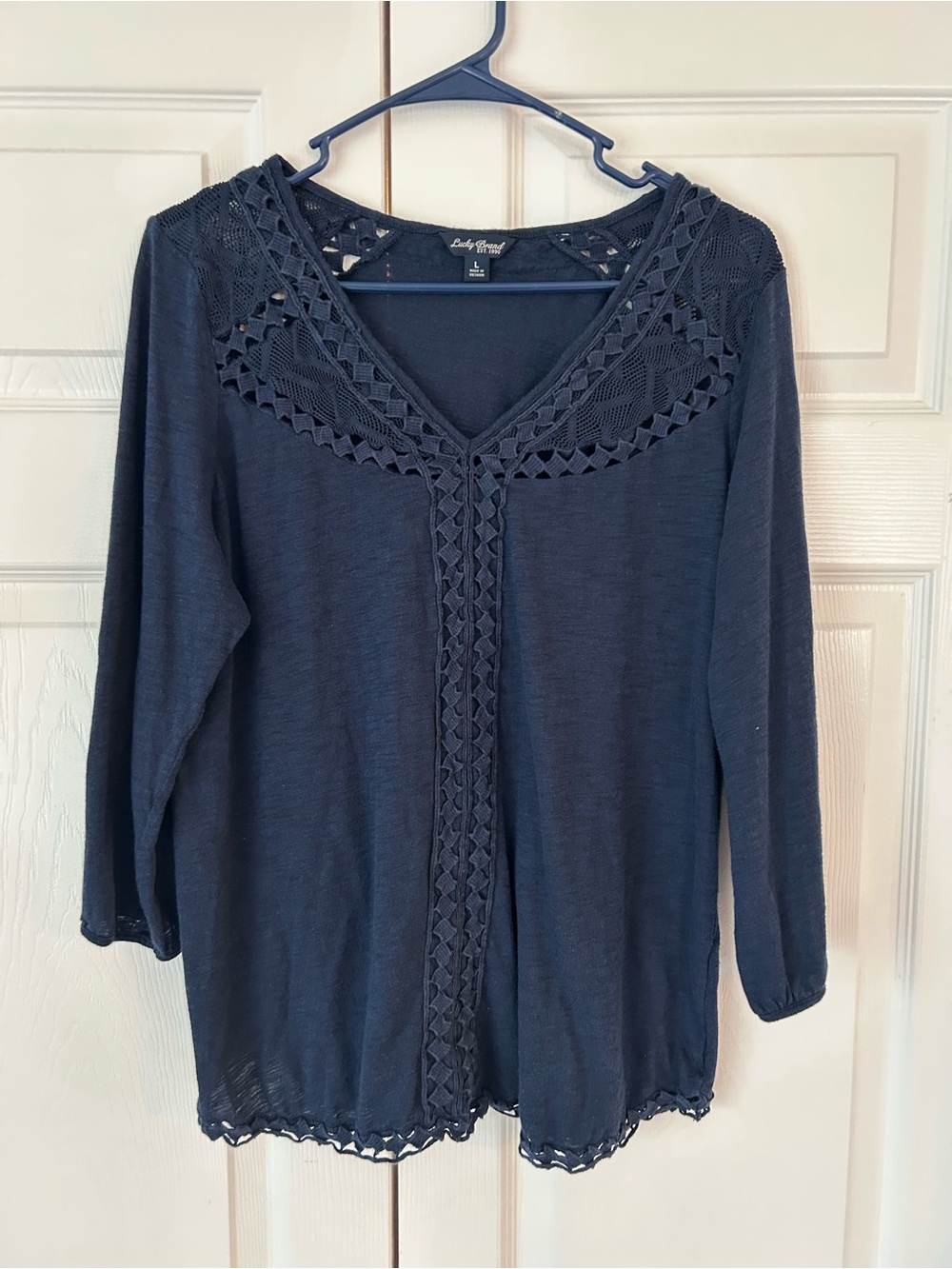 NWOT Lucky Brand Women’s Navy Blue Embroidered Cotton Tunic Blouse Shirt Size L